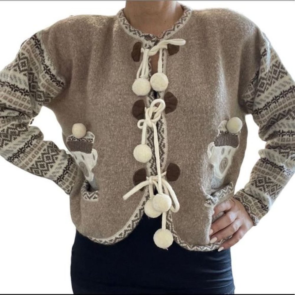Vintage?René?Derhy Lambswool Embroidered Teddy Bear Cardigan Size Small